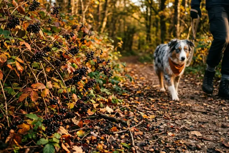 Heavily fruiting wild shrubs crowding the edge of an autumn forest trail, with a leashed Australian Shepherd walking past out of focus behind