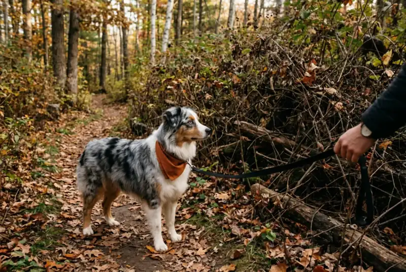 A leashed Australian Shepherd on an autumn forest trail looking into a wall of dense shoulder-high undergrowth whose interior is in deep shadow