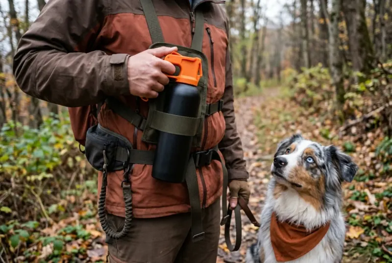 A plain unmarked canister in a chest holster with a hand resting on it, and a leashed Australian Shepherd looking up from knee height beside the hiker