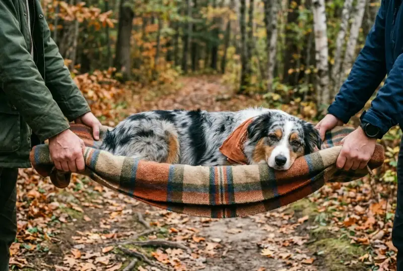 Two people, seen only as hands and jacket sleeves, carrying a calm blue merle Australian Shepherd lying on its side in a plaid wool blanket used as a stretcher, on an autumn woodland trail