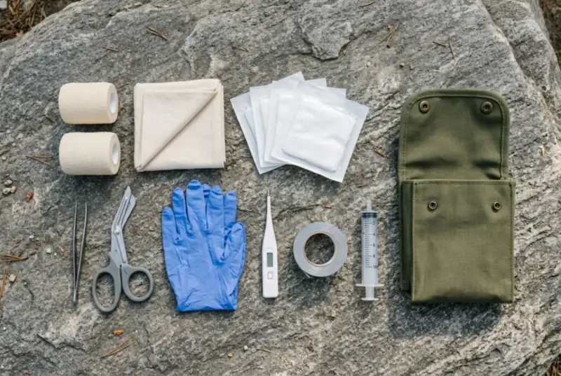 The contents of a small dog first-aid kit laid out on a flat rock: two rolls of self-adhesive wrap, a folded cotton triangular bandage, gauze pads in sleeves, fine tweezers, bandage shears, blue disposable gloves, a digital thermometer, a roll of duct tape, a needle-free syringe and an open olive canvas pouch