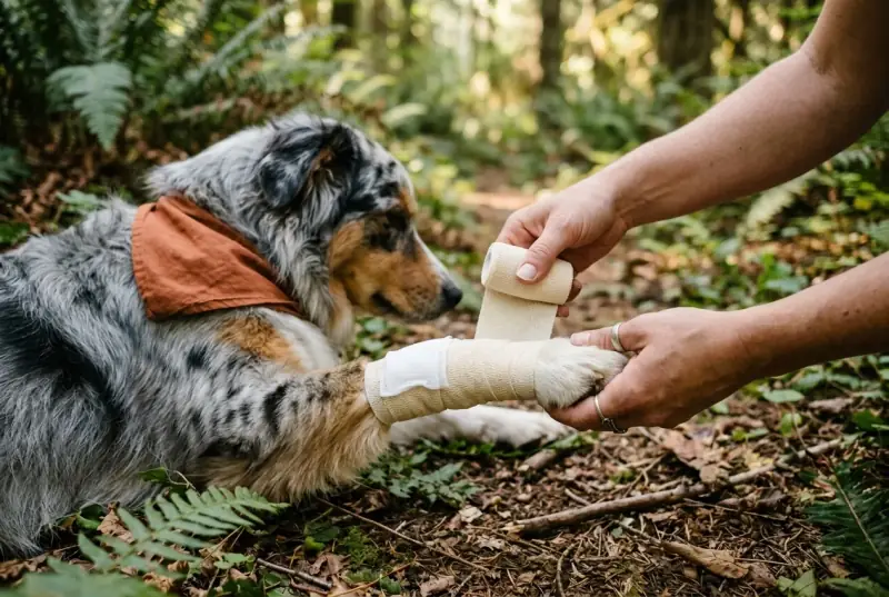 Two hands winding a cream self-adhesive bandage around the lower front leg of a calm blue merle Australian Shepherd lying on a forest trail, its paw resting in one hand