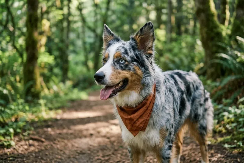 An alert Australian Shepherd panting normally on a shaded woodland trail, ears forward and head level