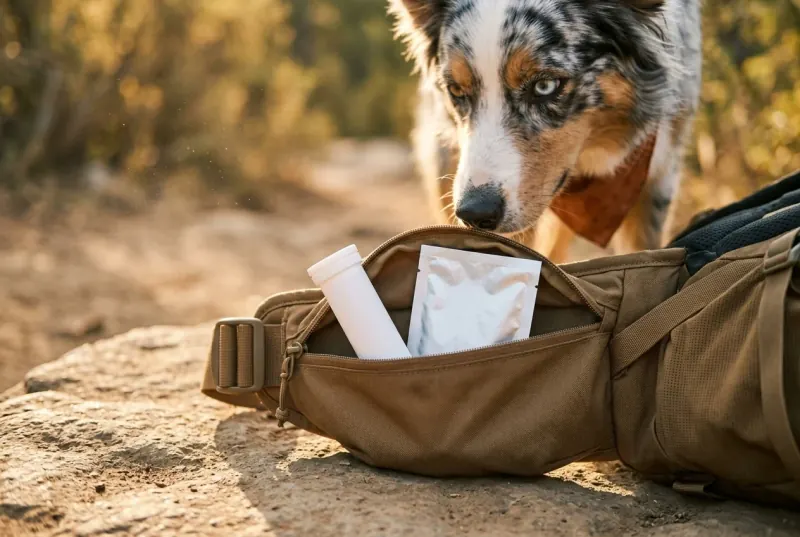 An open hip-belt pocket on a daypack holding a plain unlabelled tube of effervescent tablets, with a curious dog's nose just behind it