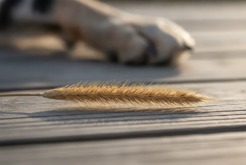 Macro photograph of a dried grass seed head on weathered grey wood in raking side light, every bristle sweeping the same way, away from the narrow hardened end, with a dog's paw softly out of focus behind