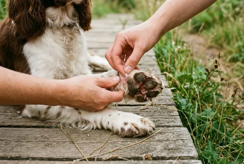 A person's hands parting the feathered hair between the toes of an English Springer Spaniel's front paw after a walk