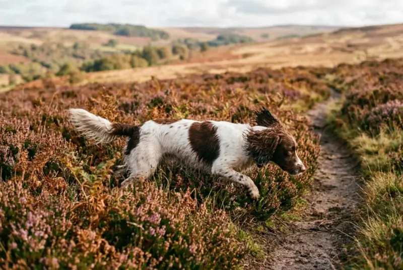 A liver and white English Springer Spaniel bounding through heather beside a narrow moorland trail, head low and tail streaming out behind