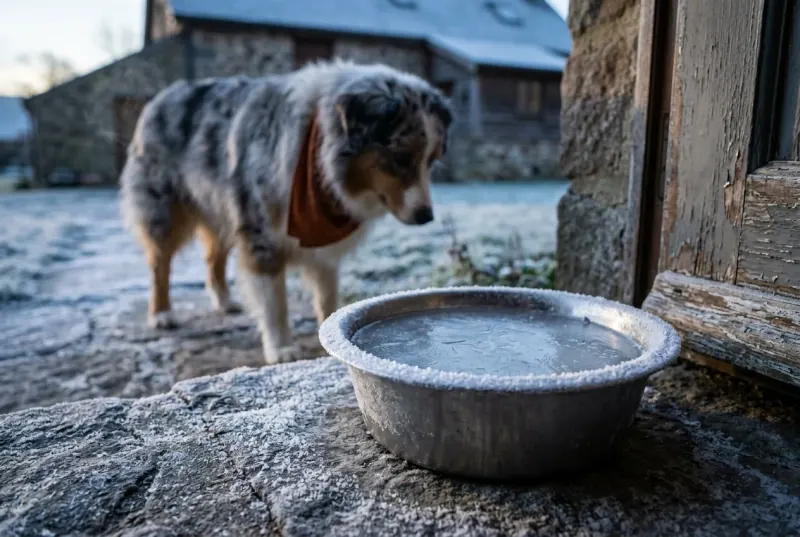 An outdoor stainless steel dog bowl with a solid skin of ice across the surface and frost on the rim, on a doorstep in early morning light, an Australian Shepherd standing out of focus behind it