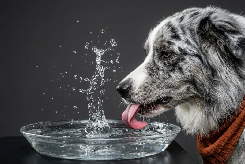 Close side view of a dog drinking, the tongue curled backward and pulling a column of water up from the surface of a bowl with droplets suspended in the air