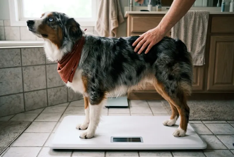 An Australian Shepherd standing squarely on a flat bathroom scale on a tiled floor, looking up at its owner, whose hand rests lightly on the dog's shoulder