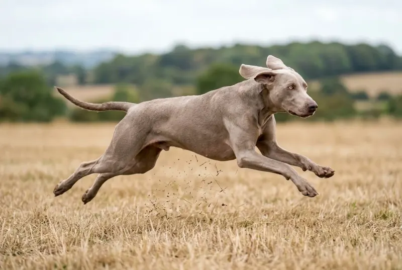 A Weimaraner at full gallop across an open grass field, all four feet off the ground
