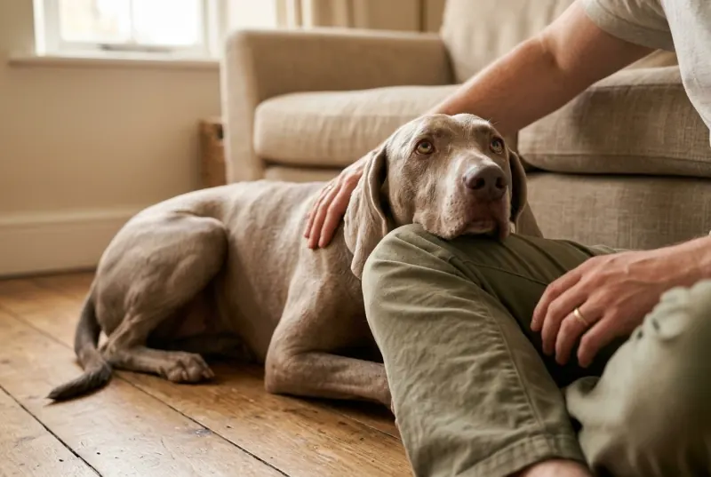 A Weimaraner lying indoors pressed against a seated person, head resting on their knee