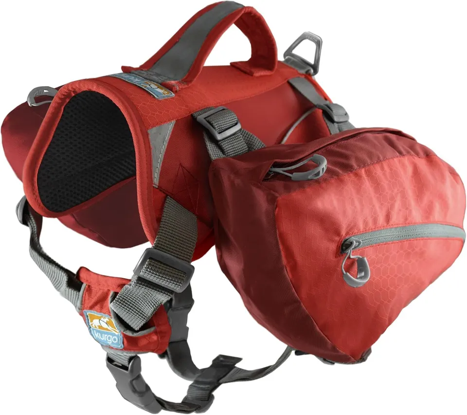Kurgo Baxter dog backpack in red with removable saddlebags