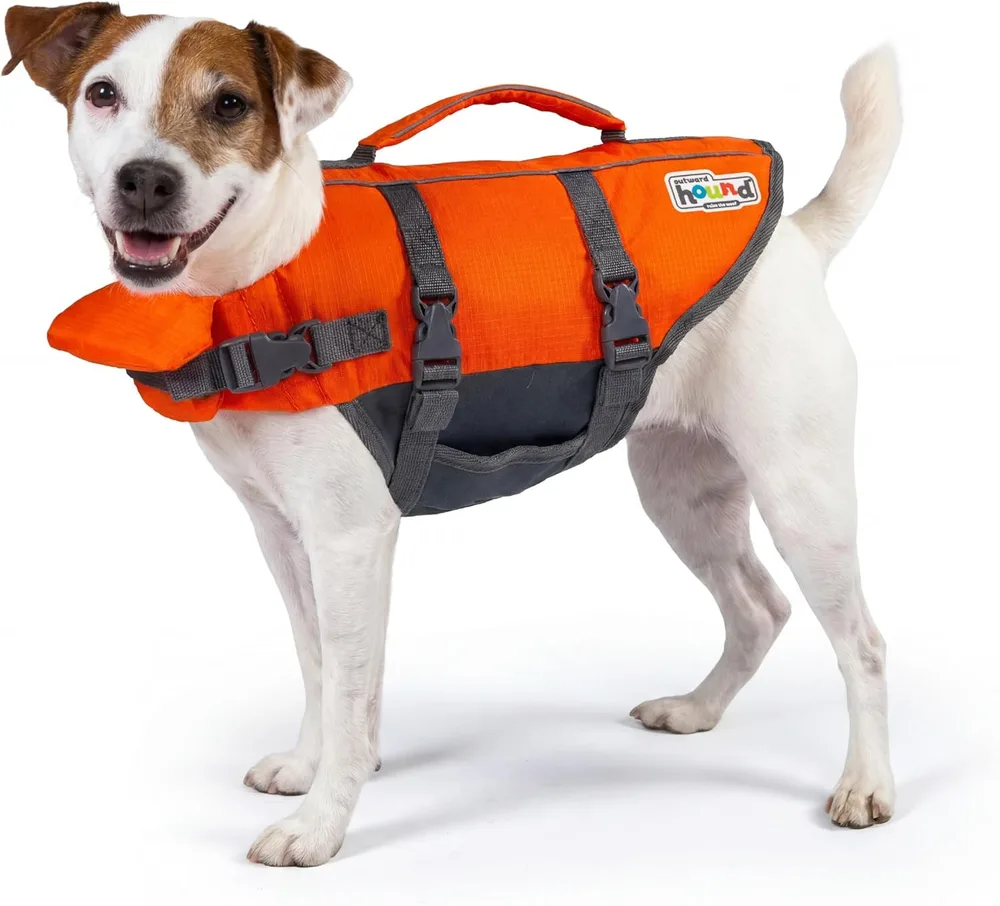 Outward Hound Granby Splash dog life jacket in bright orange with front float panel