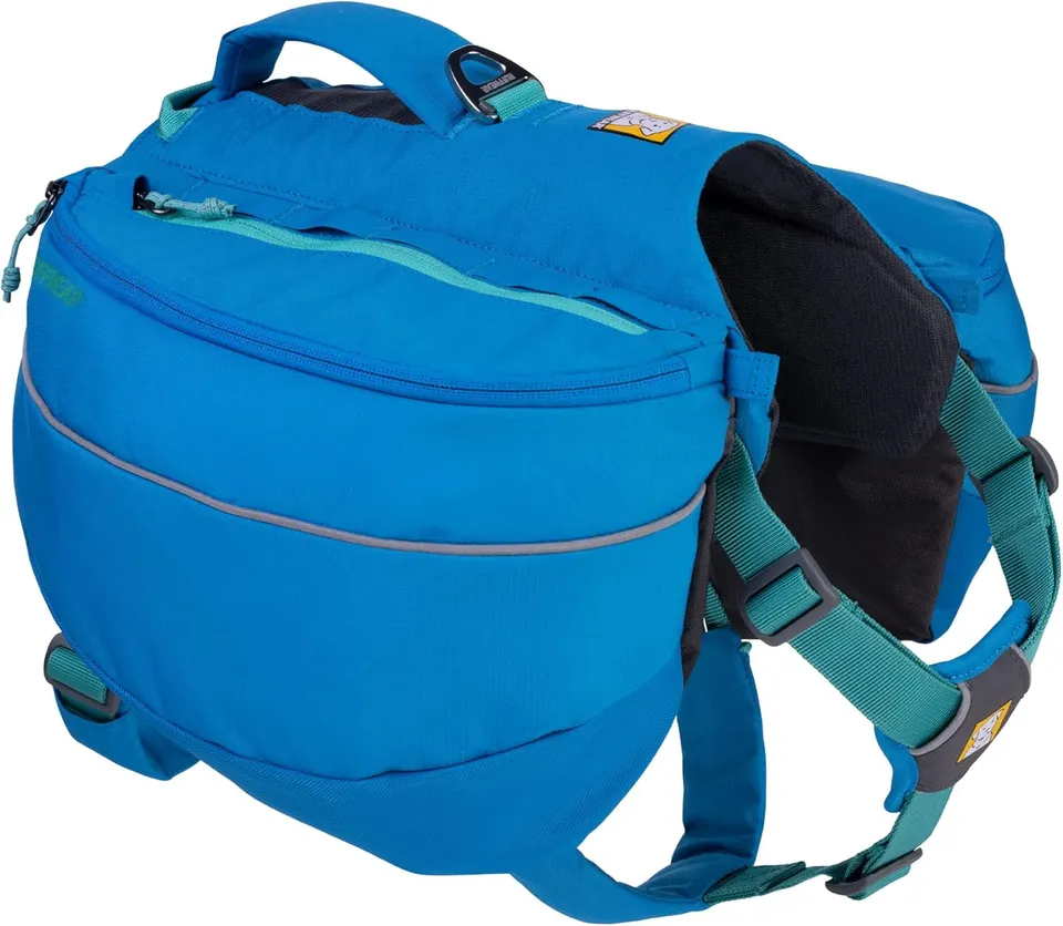 Ruffwear Approach dog backpack in blue with weight-forward saddlebags