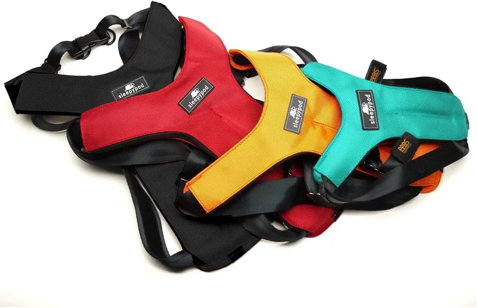 Sleepypod Clickit Sport crash-tested dog car harness in black, red, yellow and teal