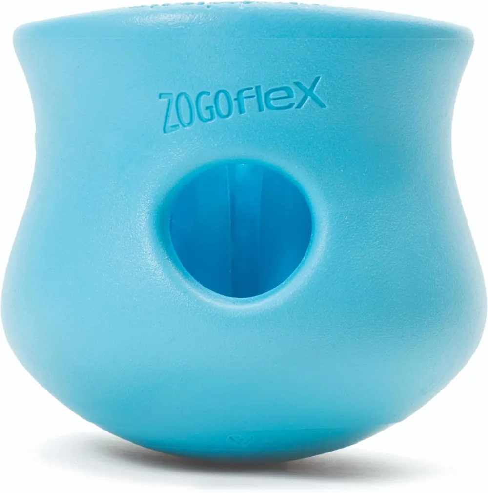 West Paw Zogoflex Toppl large treat-dispensing dog puzzle toy in aqua blue